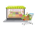 Online Shop Web Site Page on Laptop Screen with Greengrocery Items in Cart Vector Illustration