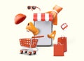 Online shopping advertising. Mobile application of store. Clothes, shoes, hats