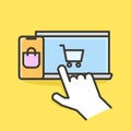 Online shopping background. Vector filled outline icons on banner for ecommerce. Hand pointing with laptop and smartphone with Royalty Free Stock Photo