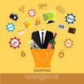 Online shopping bag with goods concept