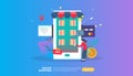 Online shopping banner. Business concept for Sale e-Commerce with smartphone and tiny people character. template for web landing Royalty Free Stock Photo