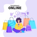 Online shopping banner, Internet digital store scene with woman on shopping Royalty Free Stock Photo