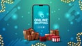 Online shopping banner with a large smartphone with presents boxes around