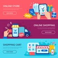 Online shopping banner. Web store credit card, internet shop cart and purchase delivery vector banners set