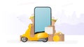 Online shopping banner. Yellow scooter with food shelf, telephone, gold coins, cardboard boxes, paper grocery bag