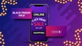 Online shopping, Black Friday Sale, purple discount banner with smartphone with offer on screen