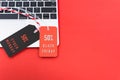 Online shopping Black Friday text with red tag and Cyber Monday text with black tag label on laptop computer Royalty Free Stock Photo