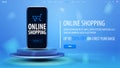 Online shopping, blue web banner with smartphone on blue podium and interface elements