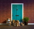 Online purchases boxes delivered and stacked at your front door Royalty Free Stock Photo