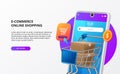 Online shopping buy on mobile e commerce landing page concept digital marketing 3d phone illustration with package trolley cart Royalty Free Stock Photo