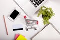 Online shopping. Shopping cart, keyboard, bank card Royalty Free Stock Photo