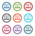 Online shopping cart laptop icon flat round buttons set illustration design Royalty Free Stock Photo