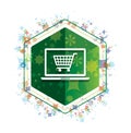 Online shopping cart laptop icon floral plants pattern green hexagon button Royalty Free Stock Photo