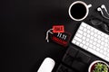 Online shopping of China, 11.11 singles day sale concept. Red paper tag with keyboard mouse coffee cup, gift box and earphone on