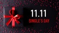 Online shopping of China, 11.11 singles day sale concept. Top view of black christmas boxes with red ribbon on black background Royalty Free Stock Photo