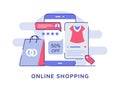 Online shopping comment rate star discount sale clothes on display smartphone screen background of shopping bag with