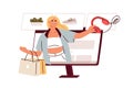 Online shopping concept. Customer buying goods, making purchases in internet virtual store. Happy woman shopper at web