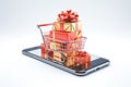 Online shopping concept. E-commerce. Supermarket cart full of boxes stays on mobile phone Royalty Free Stock Photo