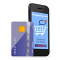 Online Shopping concept e-commerce technology with modern Smartphone and credit card isolated on white Royalty Free Stock Photo
