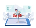 Online shopping concept. e-commerce. woman is running hurry up for shopping. Vector illustration