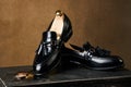 Online shopping concept with elegant mens leather shoes and bitcoin