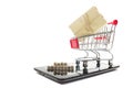 Online shopping concept - Empty Shopping Cart, laptop and tablet pc, smartphone isolated on white background. Copy space Royalty Free Stock Photo