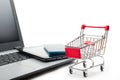 Online shopping concept - Empty Shopping Cart, laptop and tablet pc, smartphone isolated on white background. Copy space Royalty Free Stock Photo