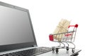 Online shopping concept - Empty Shopping Cart, laptop and tablet pc, smartphone isolated on white background. Copy space Royalty Free Stock Photo