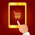 Online shopping concept. Finger touches tablet with basket on screen. Vector illustration.