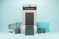 Online shopping concept with front view of doors on modern smartphone screen with stairs, shopping bags, trolley and credit card Royalty Free Stock Photo