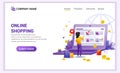 Online shopping concept with giant mobile displaying store products and woman characters. Can use for mobile app template, landing Royalty Free Stock Photo