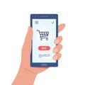 Online shopping concept. Hand holding smartphone with basket on screen. Buy online now. Vector illustration Royalty Free Stock Photo