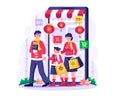 Online shopping concept illustration. Asian family walking through a smartphone buying goods and presents. Happy Chinese new year Royalty Free Stock Photo