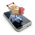 Online shopping concept. Mobile phone or smartphone with cart an