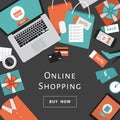 Online shopping concept. Online store objects and banner. Table with laptop, shopping bags, credit cards, gifts and coupons. Flat