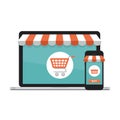 Online shopping concept. Open laptop with screen buy. Flat style, vector illustration.