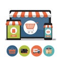 Online shopping concept. Open laptop with screen buy. Flat style, vector illustration.