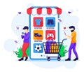 Online shopping concept, people with shopping cart buying products in the mobile application store