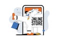 Online shopping concept with people scene in flat line design for web. Vector illustration Royalty Free Stock Photo