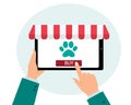 Online shopping concept pets.Vector illustration. A man buys a pet