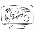 Online shopping concept. Online purchases from home. Process of buying and delivering goods. Vector doodle design Royalty Free Stock Photo