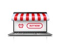 Online shopping concept. Realistic open laptop buying and shopping online. Ecommerce store concept on laptop screen with