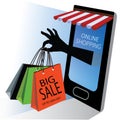 Online shopping concept. Shopping cart with bags standing upon big mobile phone and big sale up to 50% off. Flat vector design Royalty Free Stock Photo