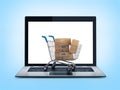 Online shopping concept. Shopping Cart with Boxes over Laptop