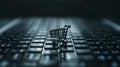 Online shopping concept, small shopping cart stands on keyboard, dark background, digital e-commerce. Generative AI Royalty Free Stock Photo