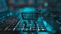 Online shopping concept, small shopping cart stands on keyboard, dark background, digital e-commerce. Generative AI Royalty Free Stock Photo