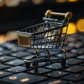 Online shopping concept, small shopping cart stands on keyboard, dark background, digital e-commerce. Generative AI Royalty Free Stock Photo