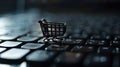 Online shopping concept, small shopping cart stands on keyboard, dark background, digital e-commerce. Generative AI Royalty Free Stock Photo