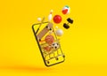 Online shopping concept on smartphone on yellow background