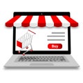 Online shopping concept on stroe laptop.Vector computer nootbook and cart icon style on white backgroung Royalty Free Stock Photo